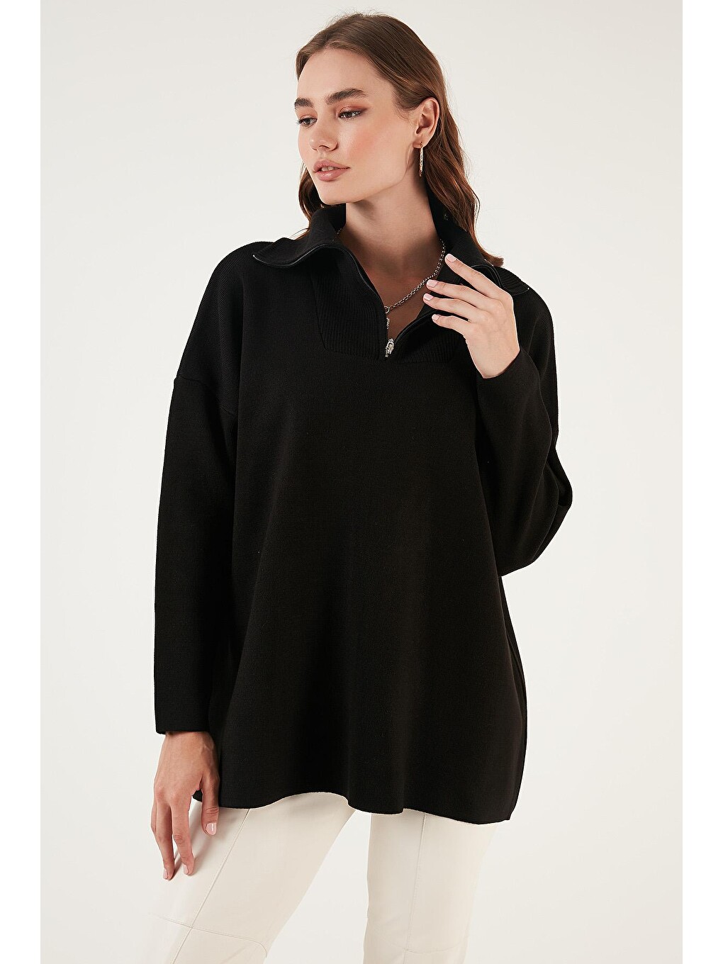 Siyah Yarım Fermuarlı Oversize Triko Kazak 4616079
