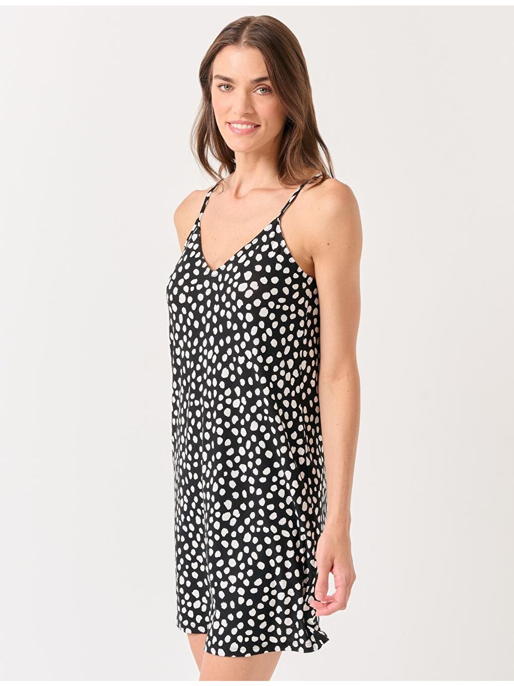 Siyah Askılı V Yaka Puantiyeli Mini Elbise-2