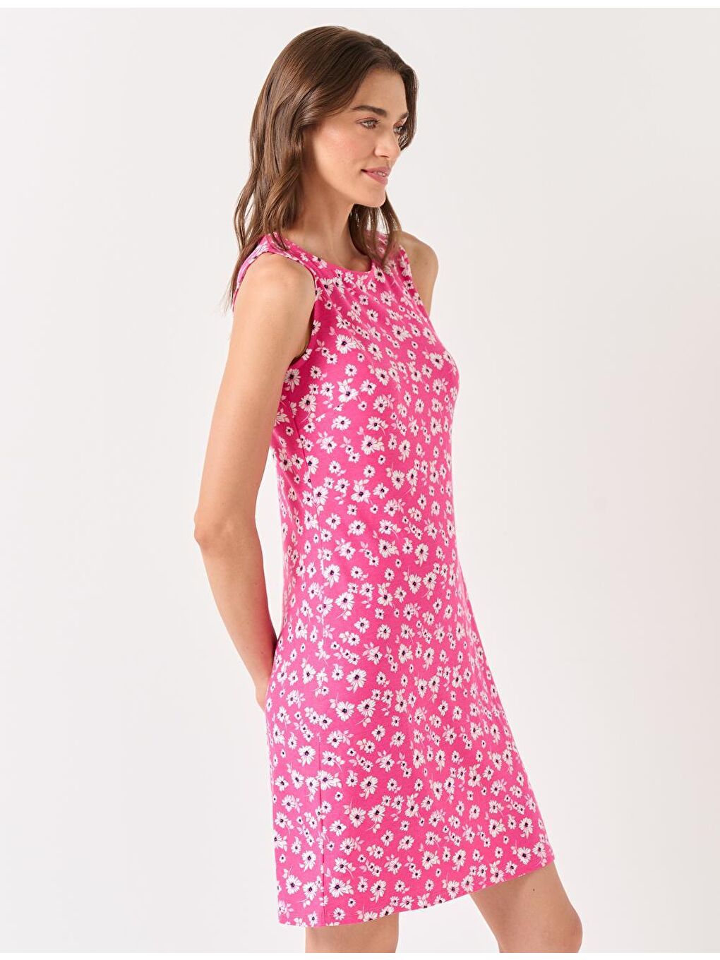 Pembe Bisiklet Yaka Kolsuz Çiçekli Elbise-3