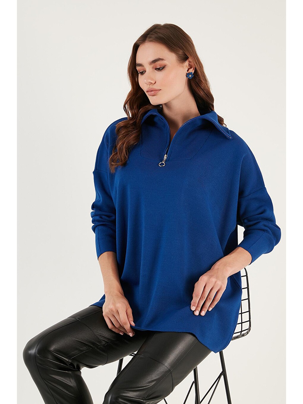 Mavi Yarım Fermuarlı Oversize Triko Kazak 4616079