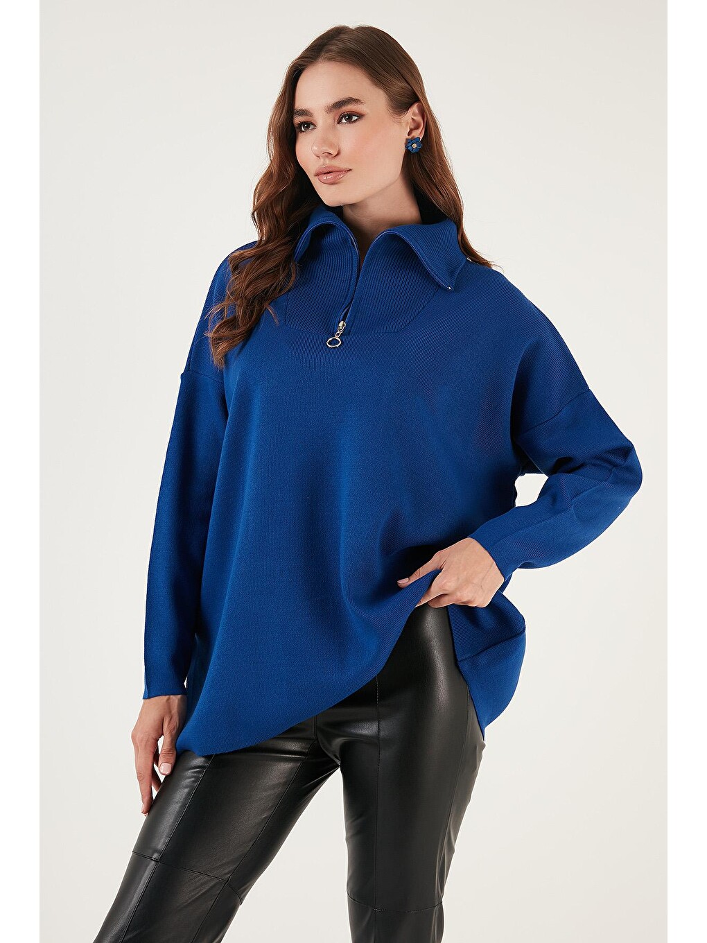 Mavi Yarım Fermuarlı Oversize Triko Kazak 4616079-1