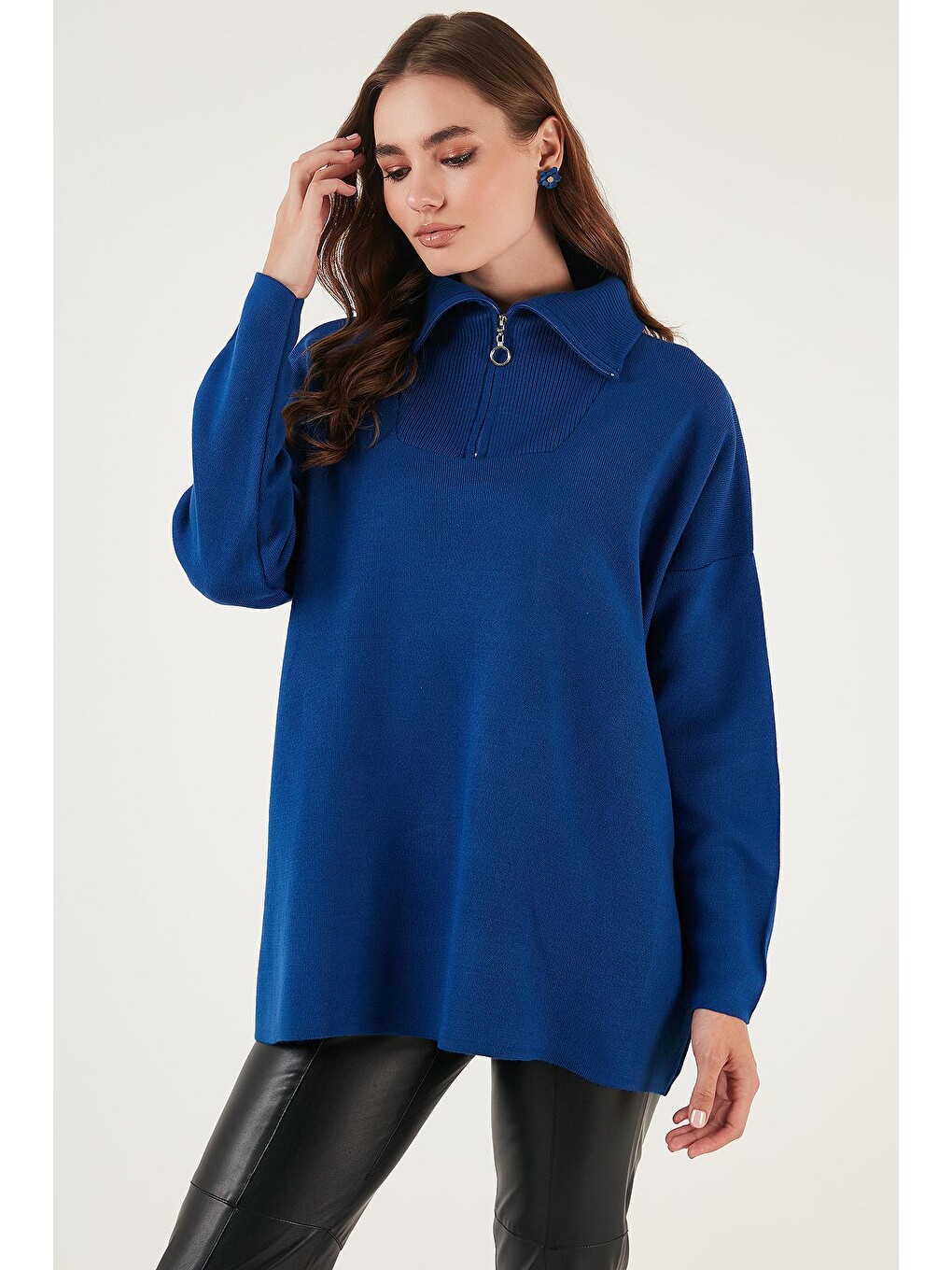 Mavi Yarım Fermuarlı Oversize Triko Kazak 4616079-2