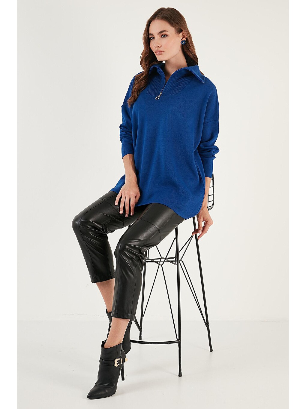 Mavi Yarım Fermuarlı Oversize Triko Kazak 4616079-3
