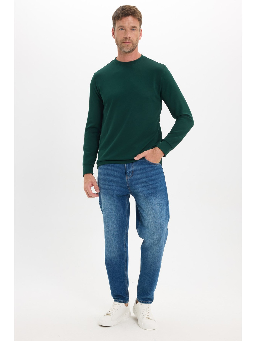 Erkek Standart Fit Normal Kesim Uzun Kollu Ekstra Soft Modal Kumaş Bisiklet Yaka Yeşil Sweatshirt-1