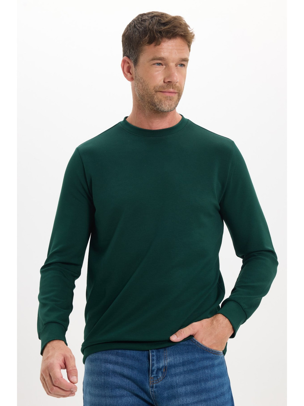 Erkek Standart Fit Normal Kesim Uzun Kollu Ekstra Soft Modal Kumaş Bisiklet Yaka Yeşil Sweatshirt-2