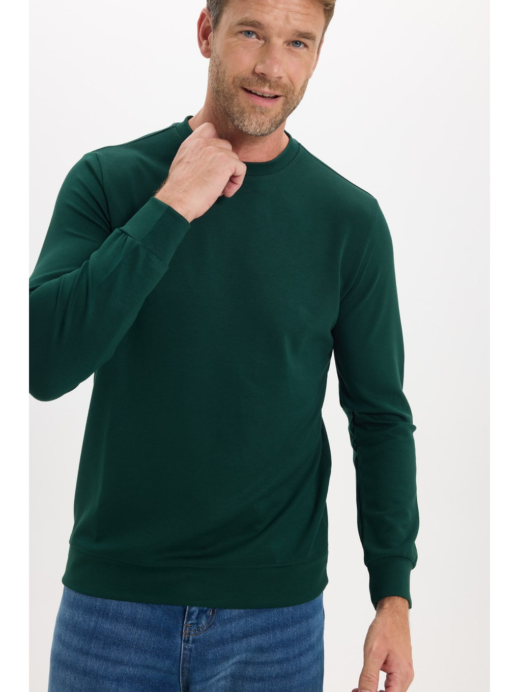 Erkek Standart Fit Normal Kesim Uzun Kollu Ekstra Soft Modal Kumaş Bisiklet Yaka Yeşil Sweatshirt-3