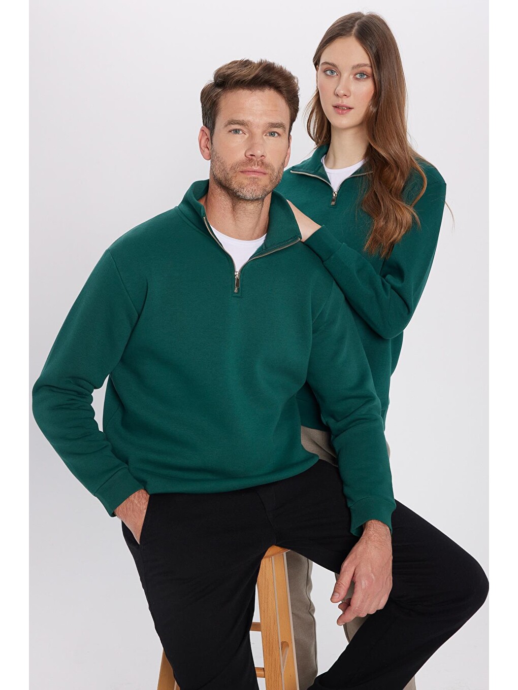 Unisex Relax Fit Rahat Kesim Pamuklu İçi Polarlı Yarım Fermuarlı Haki Dik Yaka Sweatshirt-1