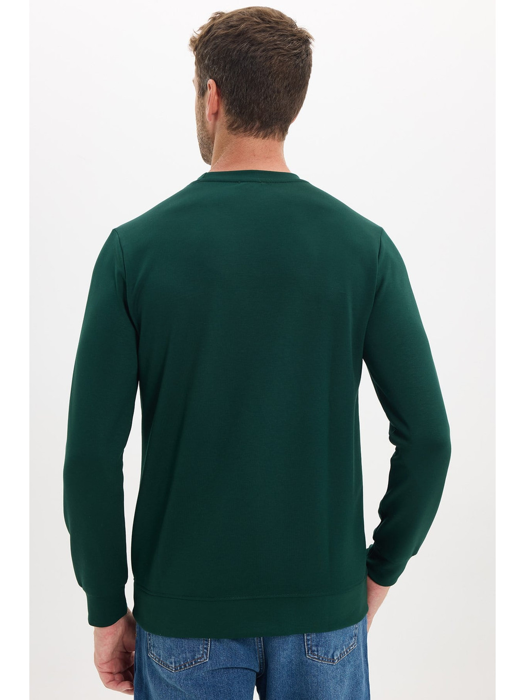 Erkek Standart Fit Normal Kesim Uzun Kollu Ekstra Soft Modal Kumaş Bisiklet Yaka Yeşil Sweatshirt-6