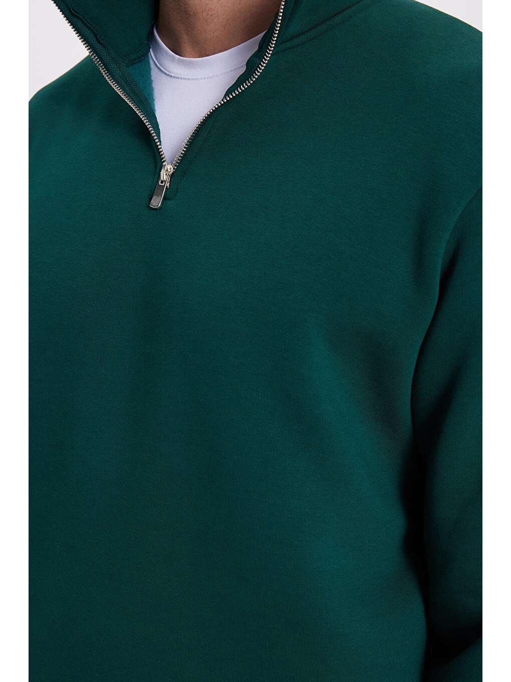 Unisex Relax Fit Rahat Kesim Pamuklu İçi Polarlı Yarım Fermuarlı Haki Dik Yaka Sweatshirt-2