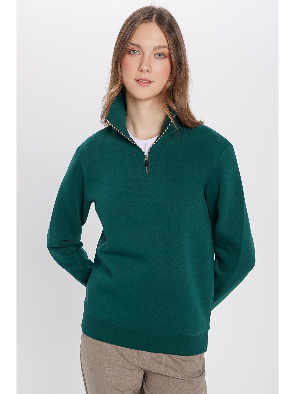 Unisex Relax Fit Rahat Kesim Pamuklu İçi Polarlı Yarım Fermuarlı Haki Dik Yaka Sweatshirt-3