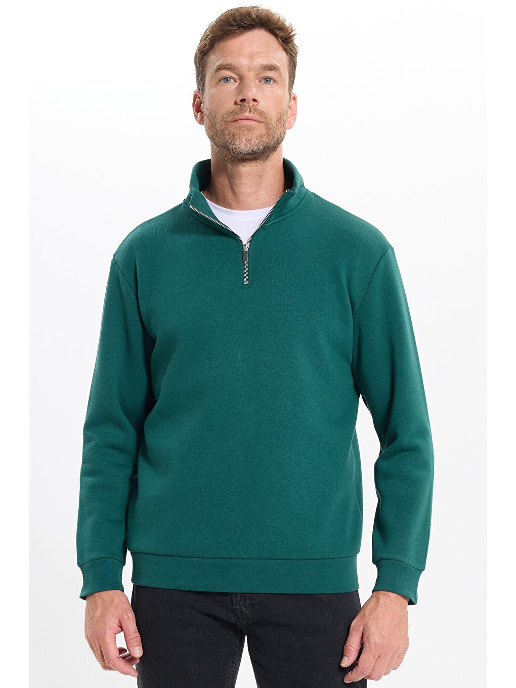 Unisex Relax Fit Rahat Kesim Pamuklu İçi Polarlı Yarım Fermuarlı Haki Dik Yaka Sweatshirt-5