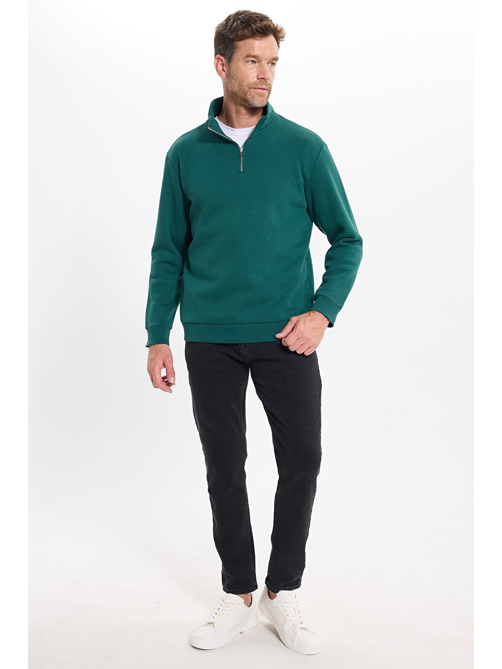 Unisex Relax Fit Rahat Kesim Pamuklu İçi Polarlı Yarım Fermuarlı Haki Dik Yaka Sweatshirt-6