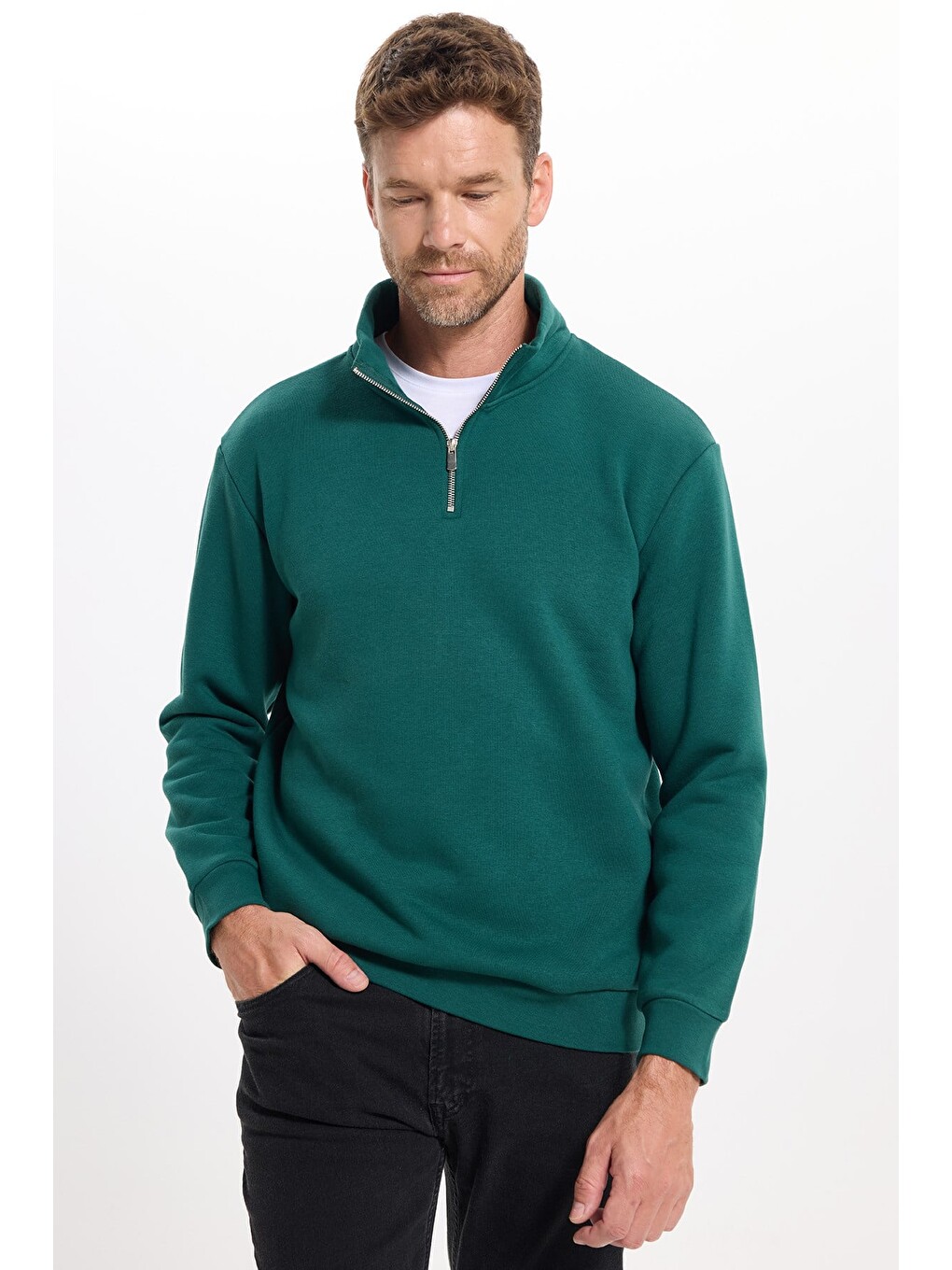 Unisex Relax Fit Rahat Kesim Pamuklu İçi Polarlı Yarım Fermuarlı Haki Dik Yaka Sweatshirt-7