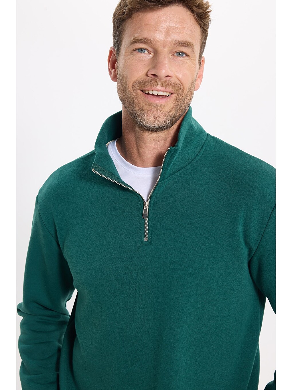 Unisex Relax Fit Rahat Kesim Pamuklu İçi Polarlı Yarım Fermuarlı Haki Dik Yaka Sweatshirt-8