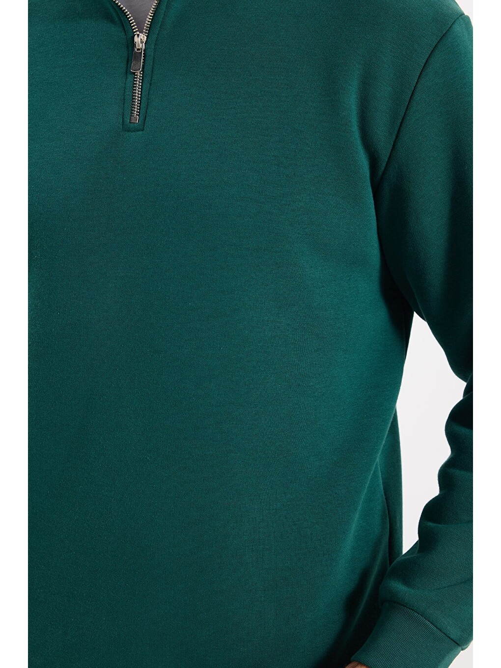 Unisex Relax Fit Rahat Kesim Pamuklu İçi Polarlı Yarım Fermuarlı Haki Dik Yaka Sweatshirt-9