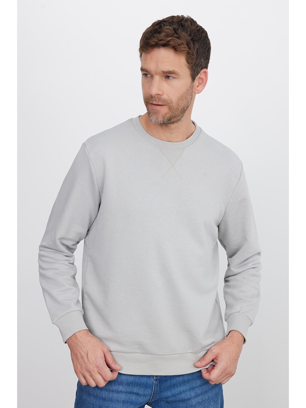 Bej Unisex Relax Fit Rahat Kesim %100 Pamuk 3 İplik Basic Taş Renk Bisiklet Yaka Sweatshirt-3