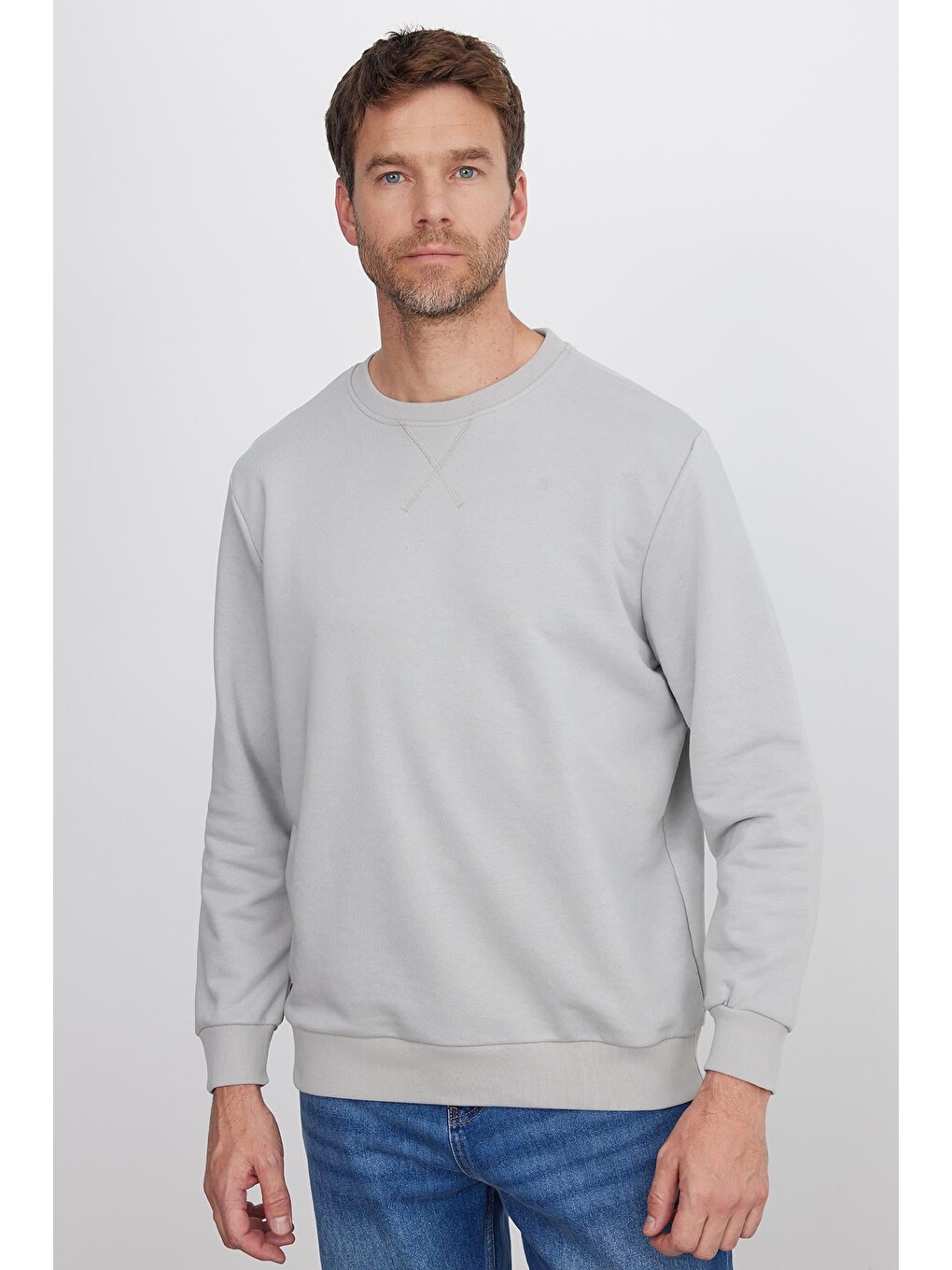 Bej Unisex Relax Fit Rahat Kesim %100 Pamuk 3 İplik Basic Taş Renk Bisiklet Yaka Sweatshirt-4