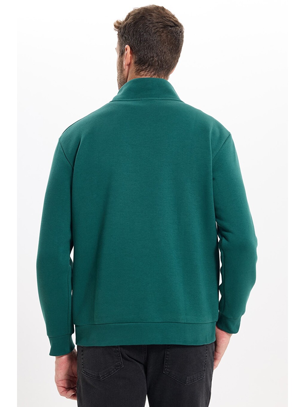 Unisex Relax Fit Rahat Kesim Pamuklu İçi Polarlı Yarım Fermuarlı Haki Dik Yaka Sweatshirt-11