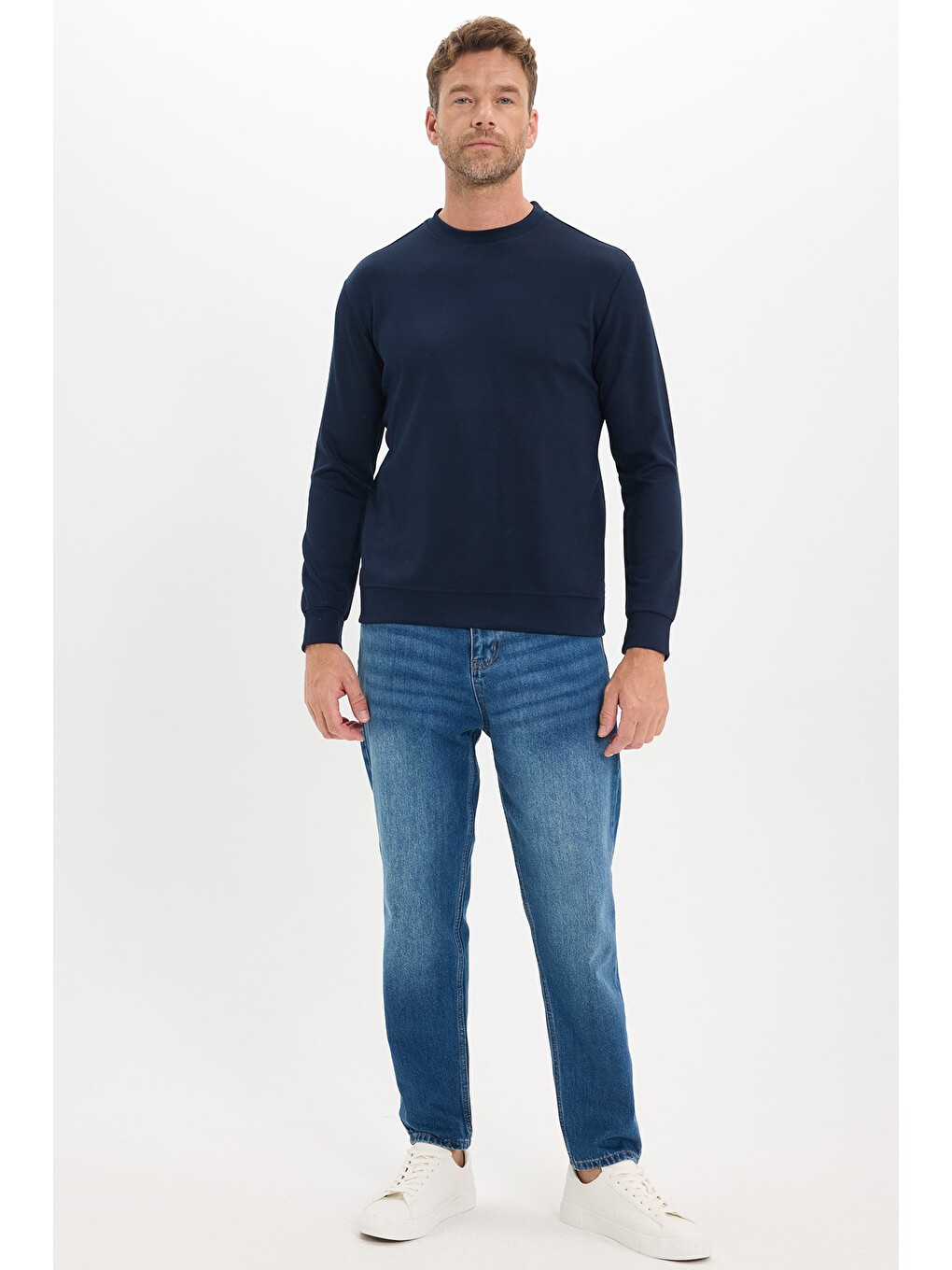 Erkek Standart Fit Normal Kesim Uzun Kollu Ekstra Soft Modal Kumaş Bisiklet Yaka Lacivert Sweatshirt-1