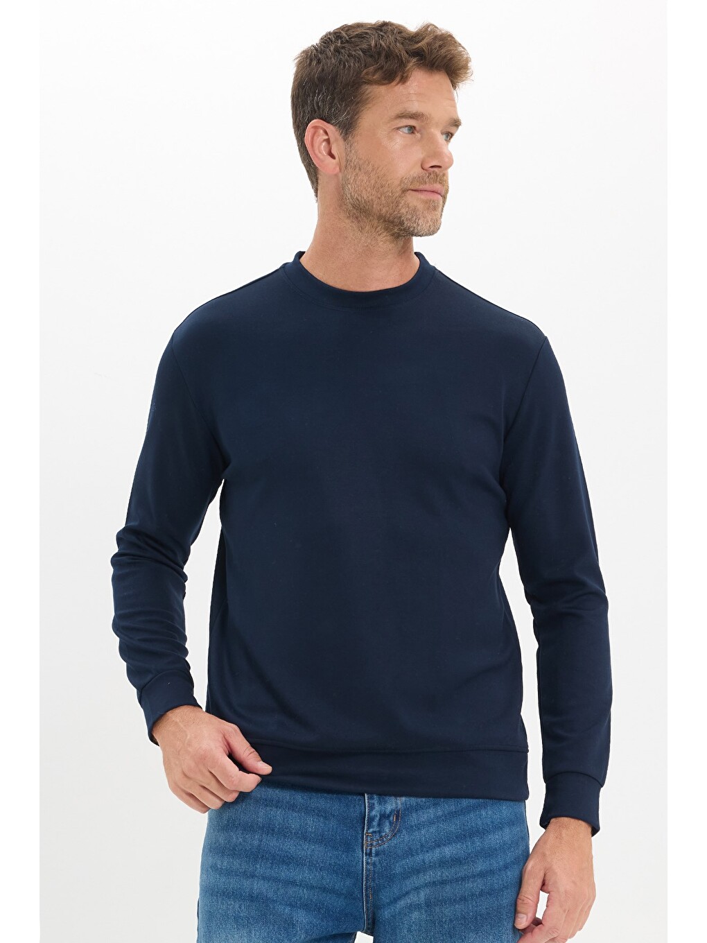 Erkek Standart Fit Normal Kesim Uzun Kollu Ekstra Soft Modal Kumaş Bisiklet Yaka Lacivert Sweatshirt-2