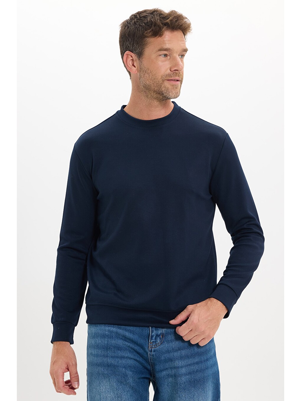 Erkek Standart Fit Normal Kesim Uzun Kollu Ekstra Soft Modal Kumaş Bisiklet Yaka Lacivert Sweatshirt-3