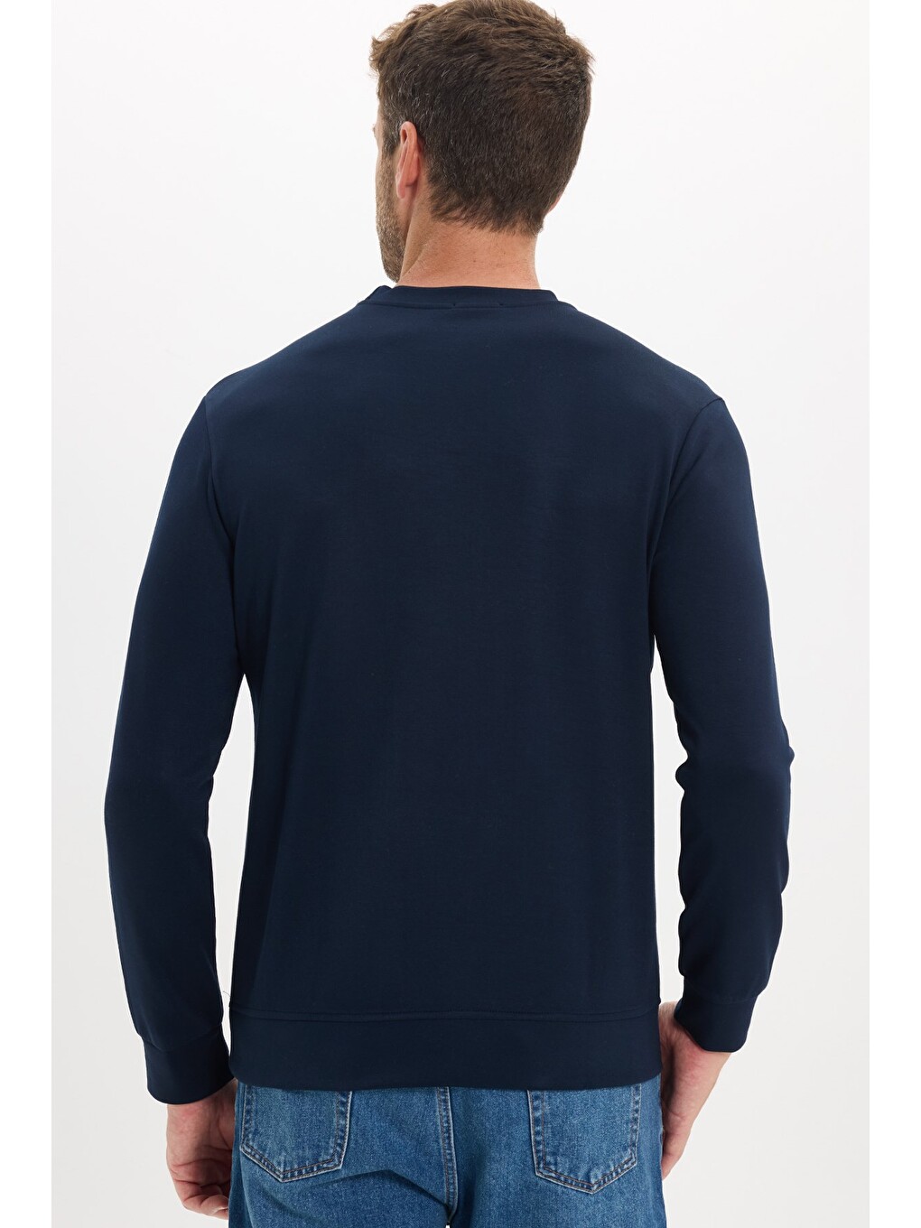 Erkek Standart Fit Normal Kesim Uzun Kollu Ekstra Soft Modal Kumaş Bisiklet Yaka Lacivert Sweatshirt-7