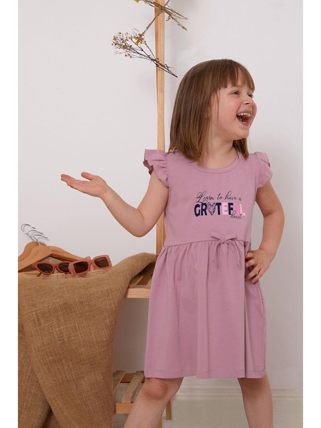 Pembe Kız Çocuk Elbise Yazı Baskılı Gülkurusu (3-7 Yaş)-3