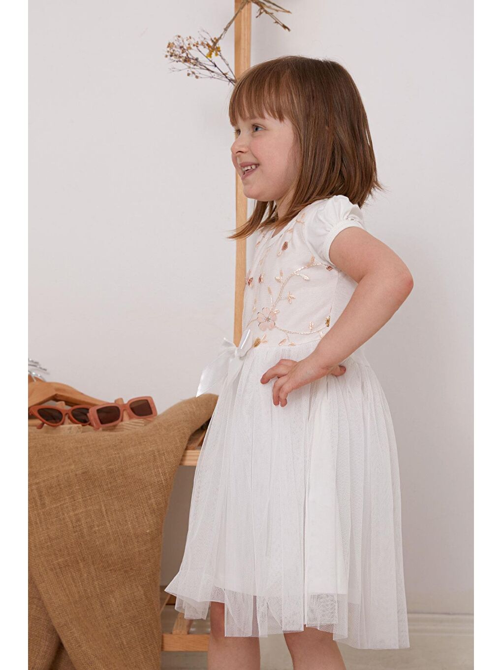 Kız Çocuk Elbise Pullu Nakışlı Fiyonklu Tüllü Ekru (1.5-4 Yaş)-1