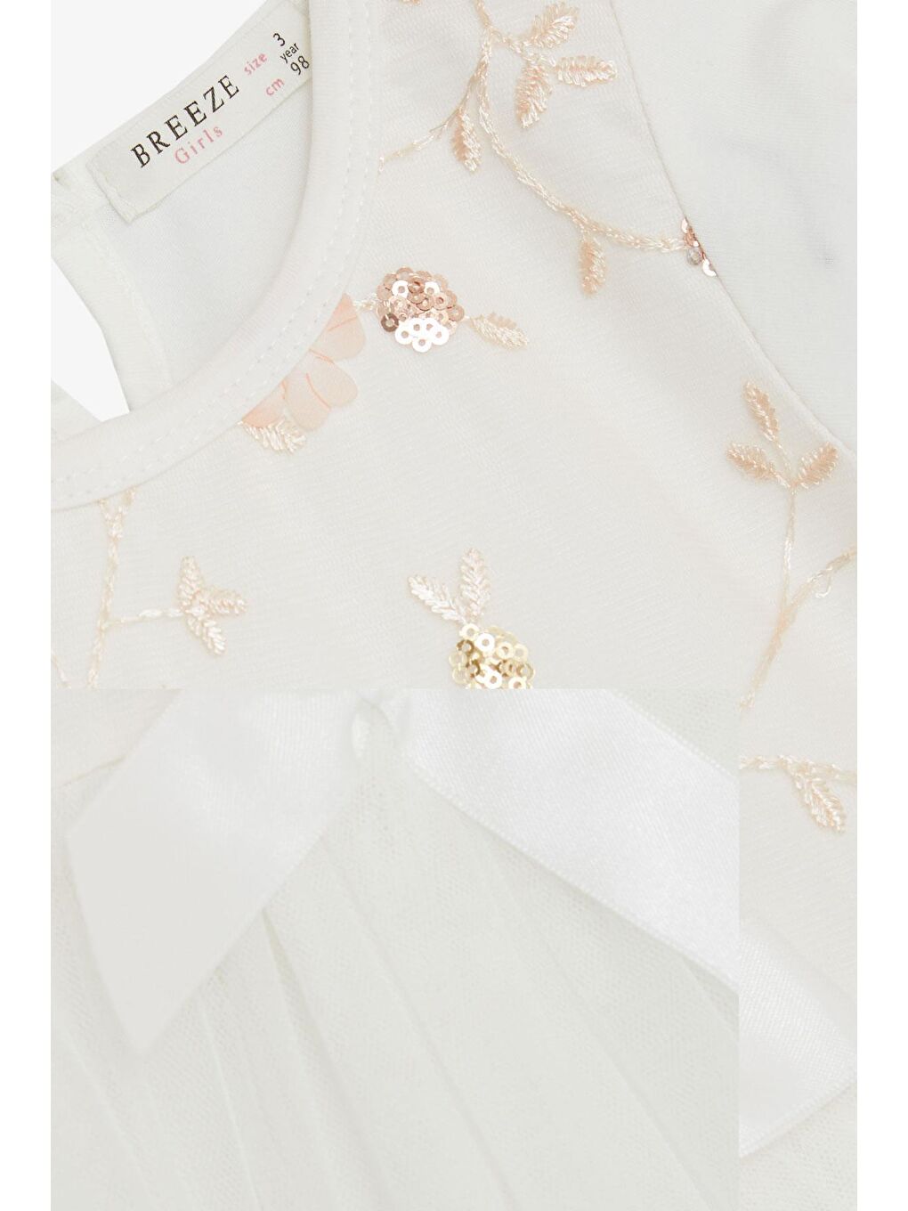 Kız Çocuk Elbise Pullu Nakışlı Fiyonklu Tüllü Ekru (1.5-4 Yaş)-4