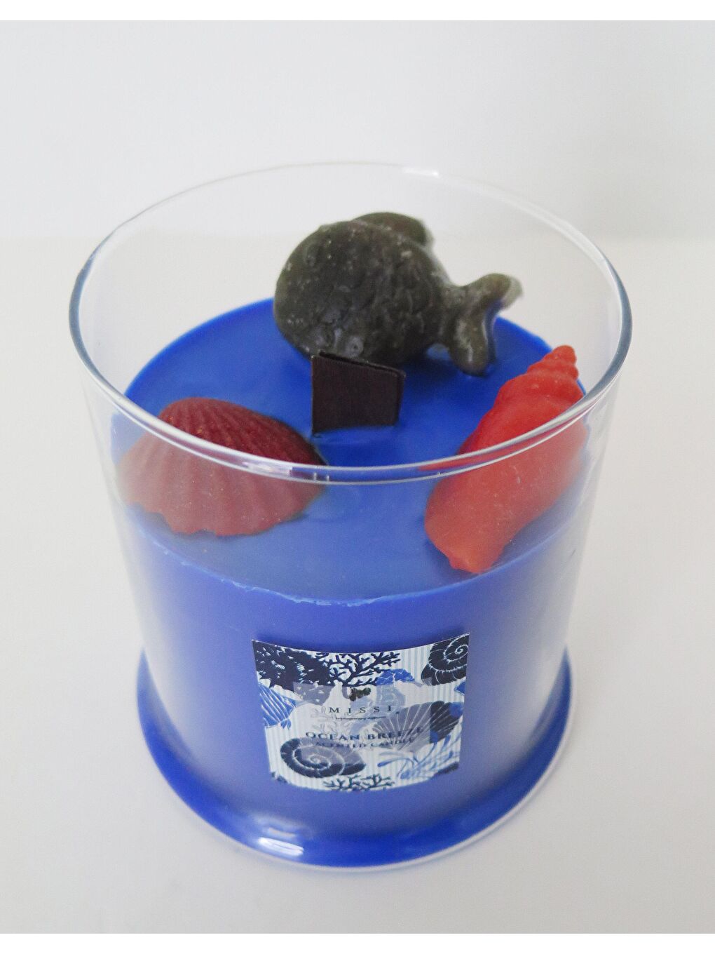 Mavi Büyük Üfleme Cam Marin Temalı Ahşap Fitilli Ocean Vegan Mum-1