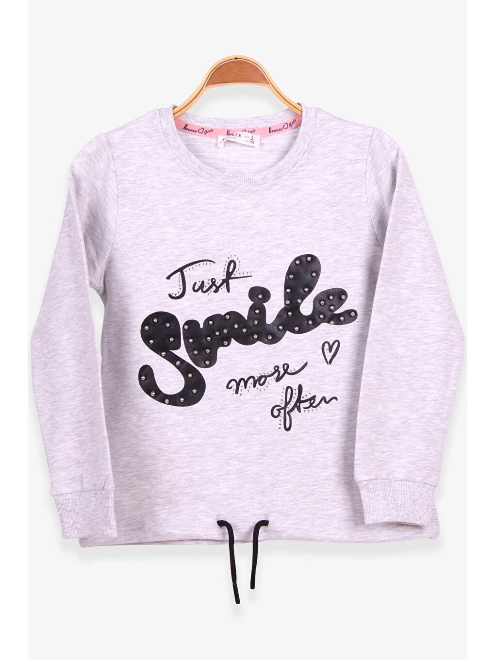 Kız Çocuk Sweatshirt İncili Taşlı Beli Bağcıklı Gri Melanj (6-12 Yaş)