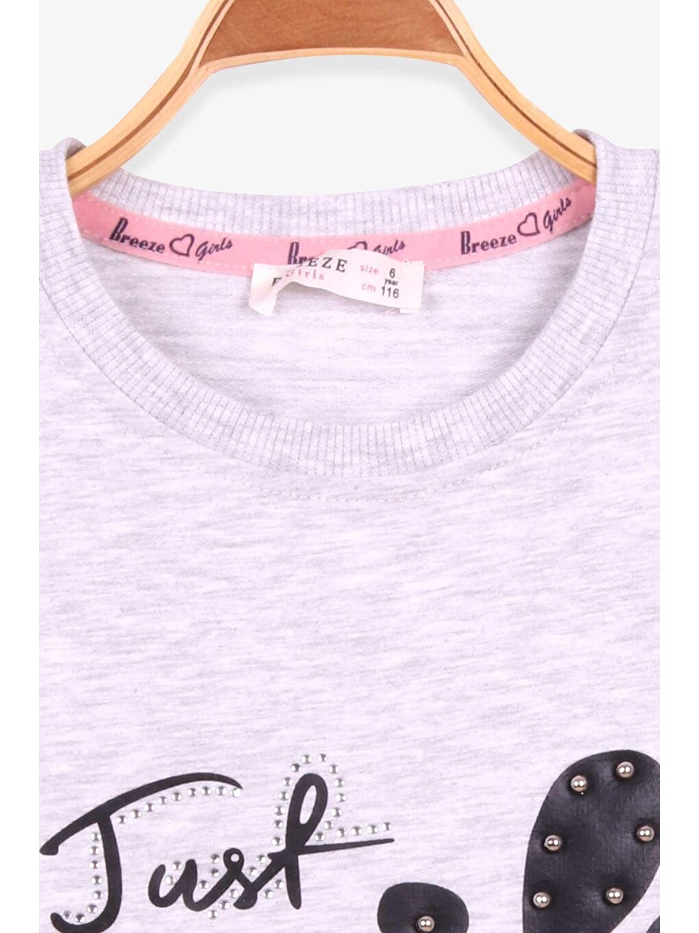 Kız Çocuk Sweatshirt İncili Taşlı Beli Bağcıklı Gri Melanj (6-12 Yaş)-2