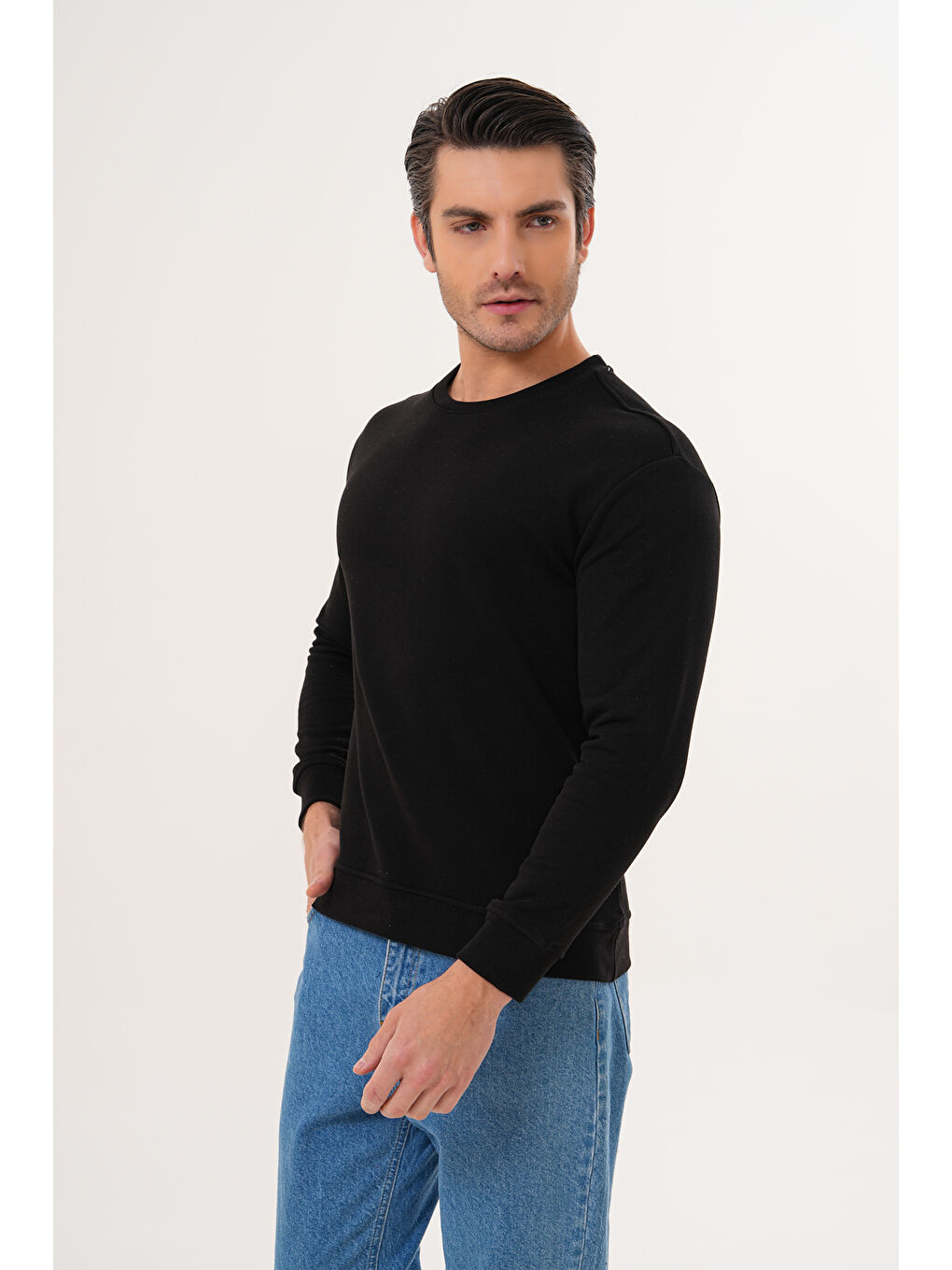 Siyah Unisex Bisiklet Yaka %100 Pamuk Basic Sweatshirt-10