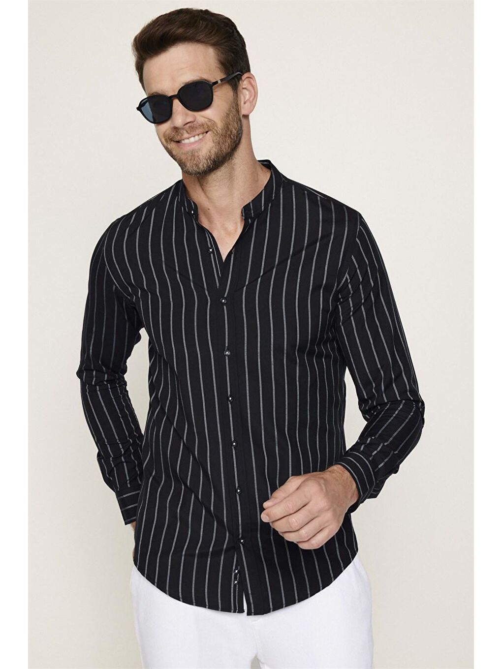 Slim Fit Hakim Yaka Pamuklu Kolay Ütü Çizgili Erkek Siyah Gömlek