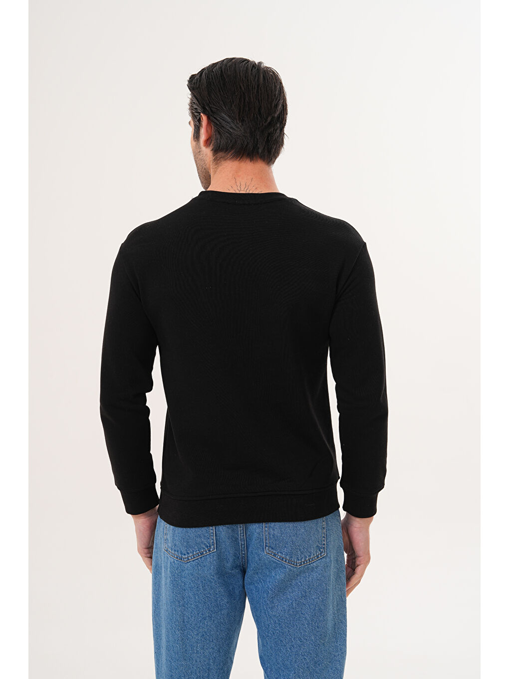 Siyah Unisex Bisiklet Yaka %100 Pamuk Basic Sweatshirt-5