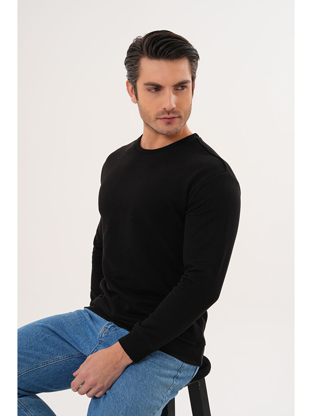 Siyah Unisex Bisiklet Yaka %100 Pamuk Basic Sweatshirt-3