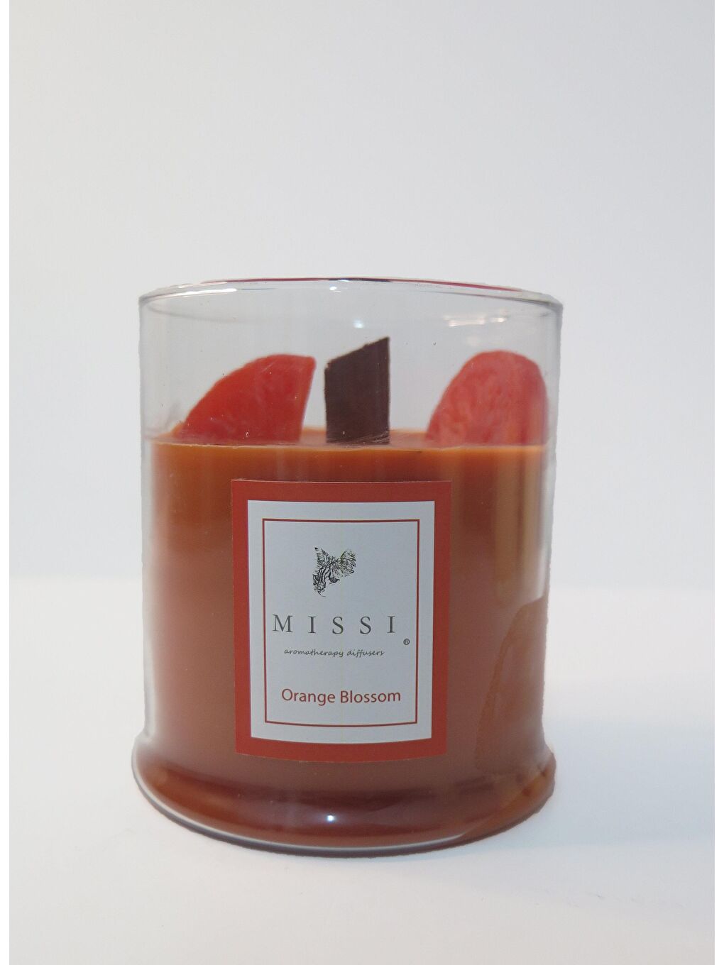 Turuncu Büyük Üfleme Cam Ahşap Fitilli Orange Bloosom Vegan Mum