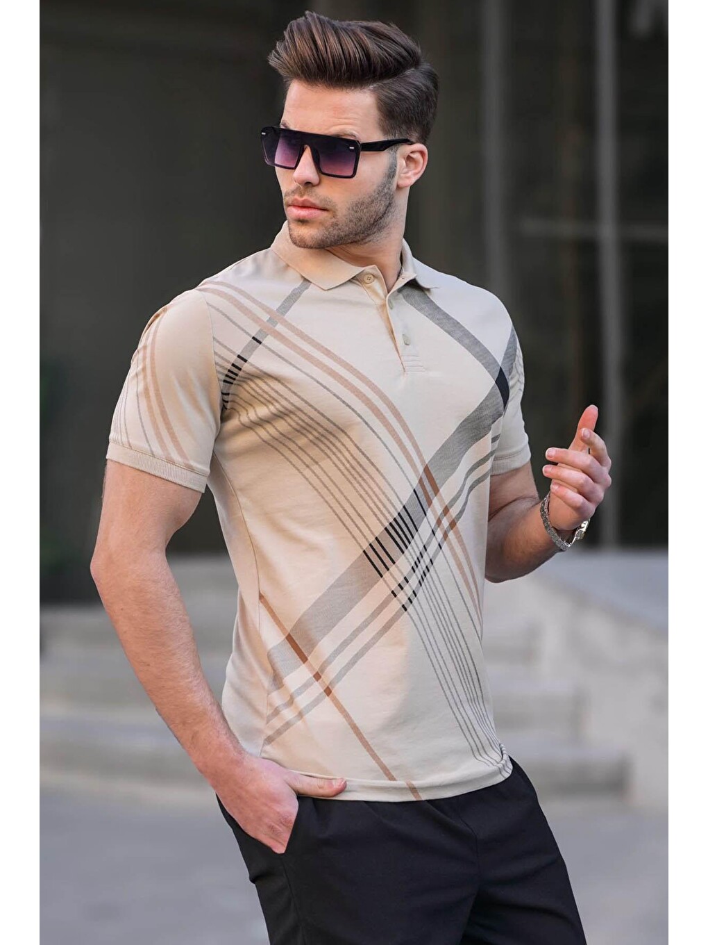 Bej Desenli Polo Yaka Erkek Tişört 6079