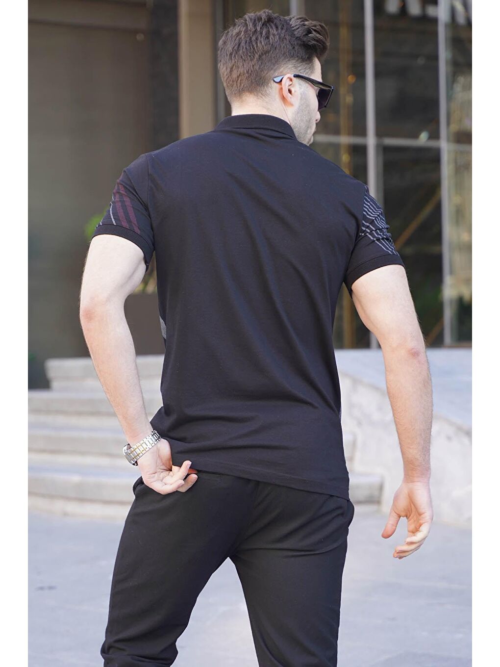 Siyah Desenli Polo Yaka Erkek Tişört 6079-1