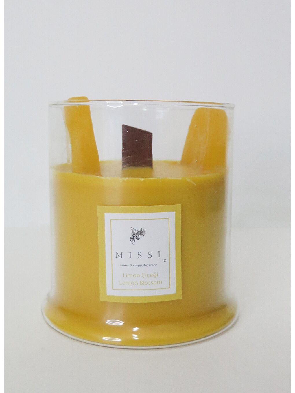 Sarı Büyük Üfleme Cam Ahşap Fitilli Limon Çiçeği Vegan Mum