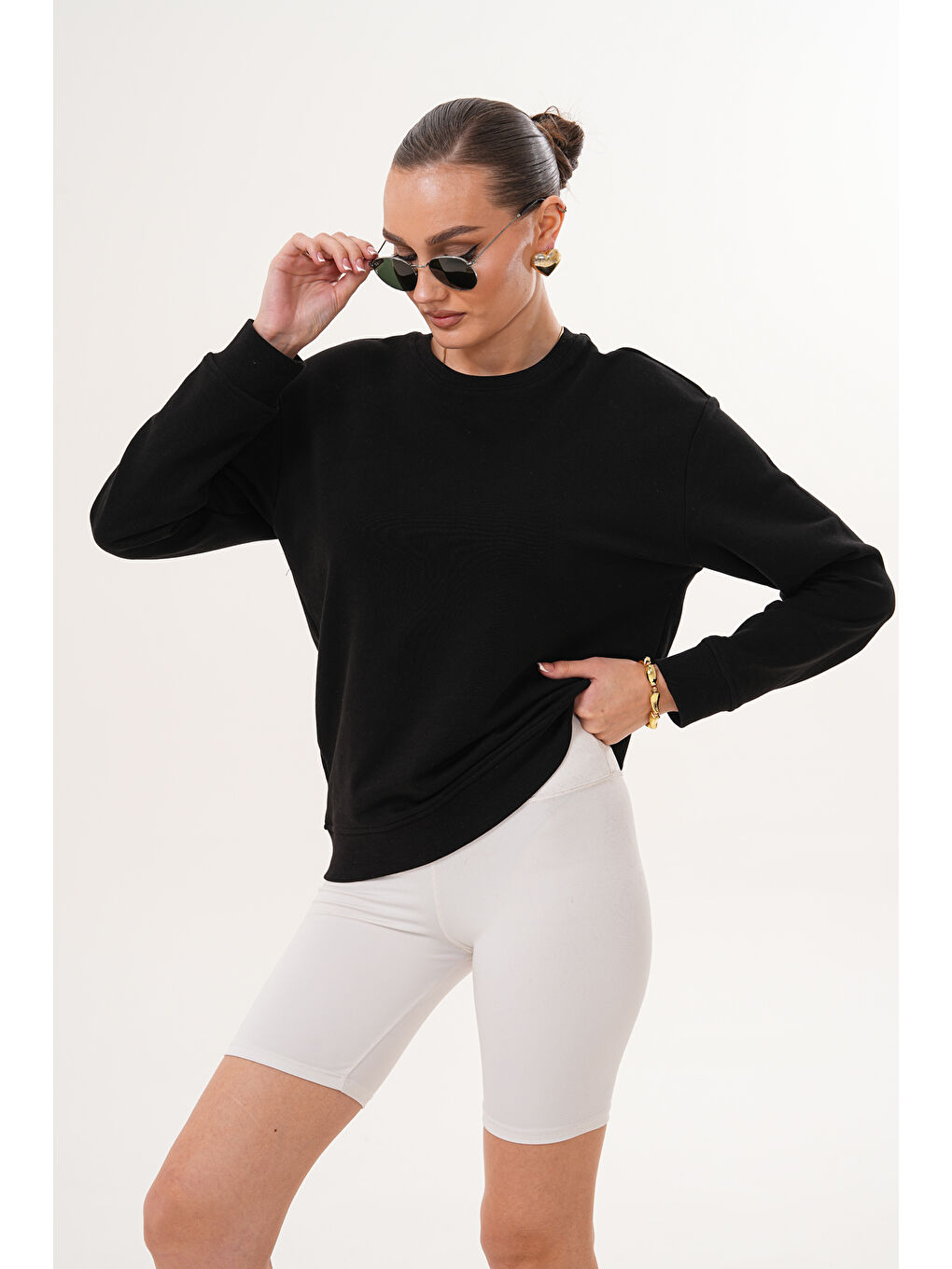 Siyah Unisex Bisiklet Yaka %100 Pamuk Basic Sweatshirt-8