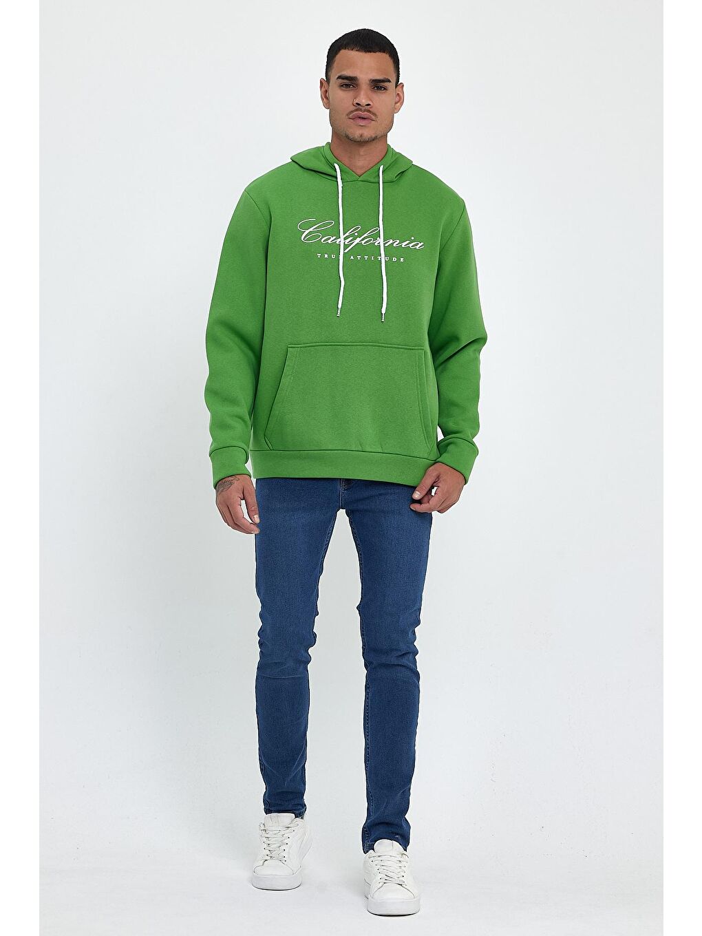 Süperlife Yeşil Erkek Kapüşonlu Rahat Kalıp İçi Polarlı 3 iplik Kanguru Cepli Californıa Baskılı Sweatshirt spr24sw03