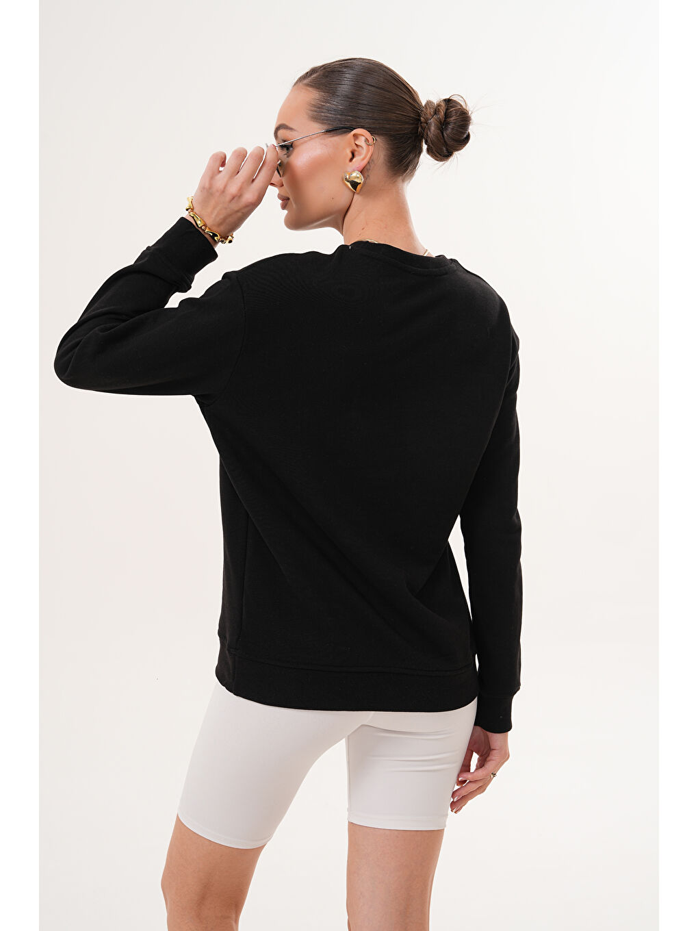 Siyah Unisex Bisiklet Yaka %100 Pamuk Basic Sweatshirt-4