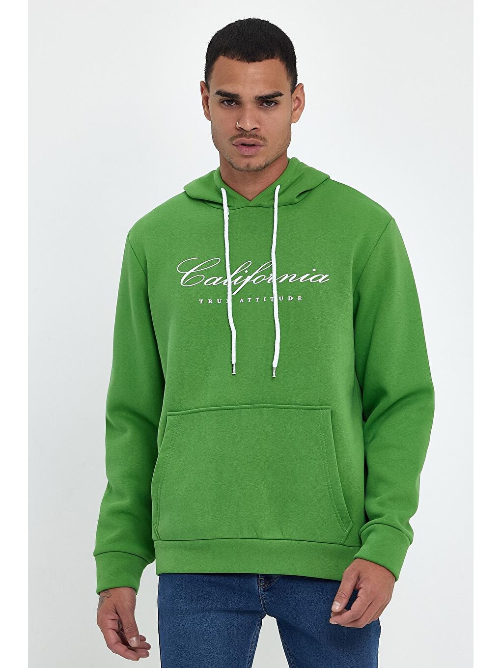 Süperlife Yeşil Erkek Kapüşonlu Rahat Kalıp İçi Polarlı 3 iplik Kanguru Cepli Californıa Baskılı Sweatshirt spr24sw03 - 1