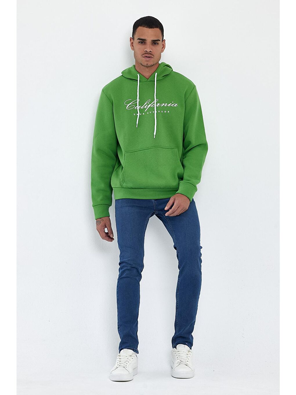 Süperlife Yeşil Erkek Kapüşonlu Rahat Kalıp İçi Polarlı 3 iplik Kanguru Cepli Californıa Baskılı Sweatshirt spr24sw03 - 2