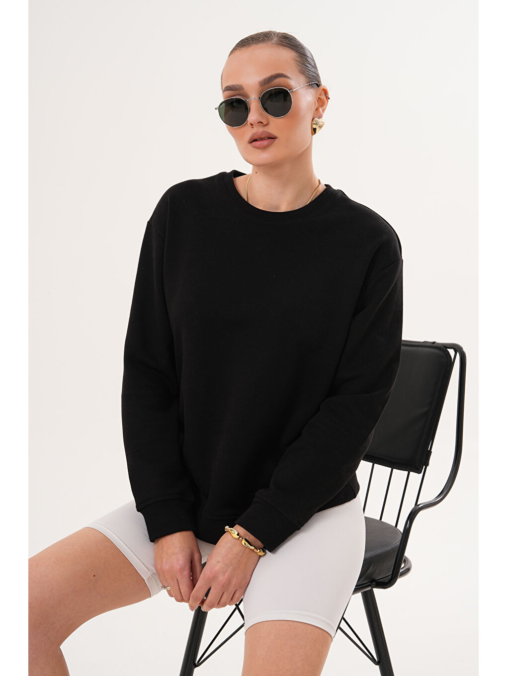 Siyah Unisex Bisiklet Yaka %100 Pamuk Basic Sweatshirt-2