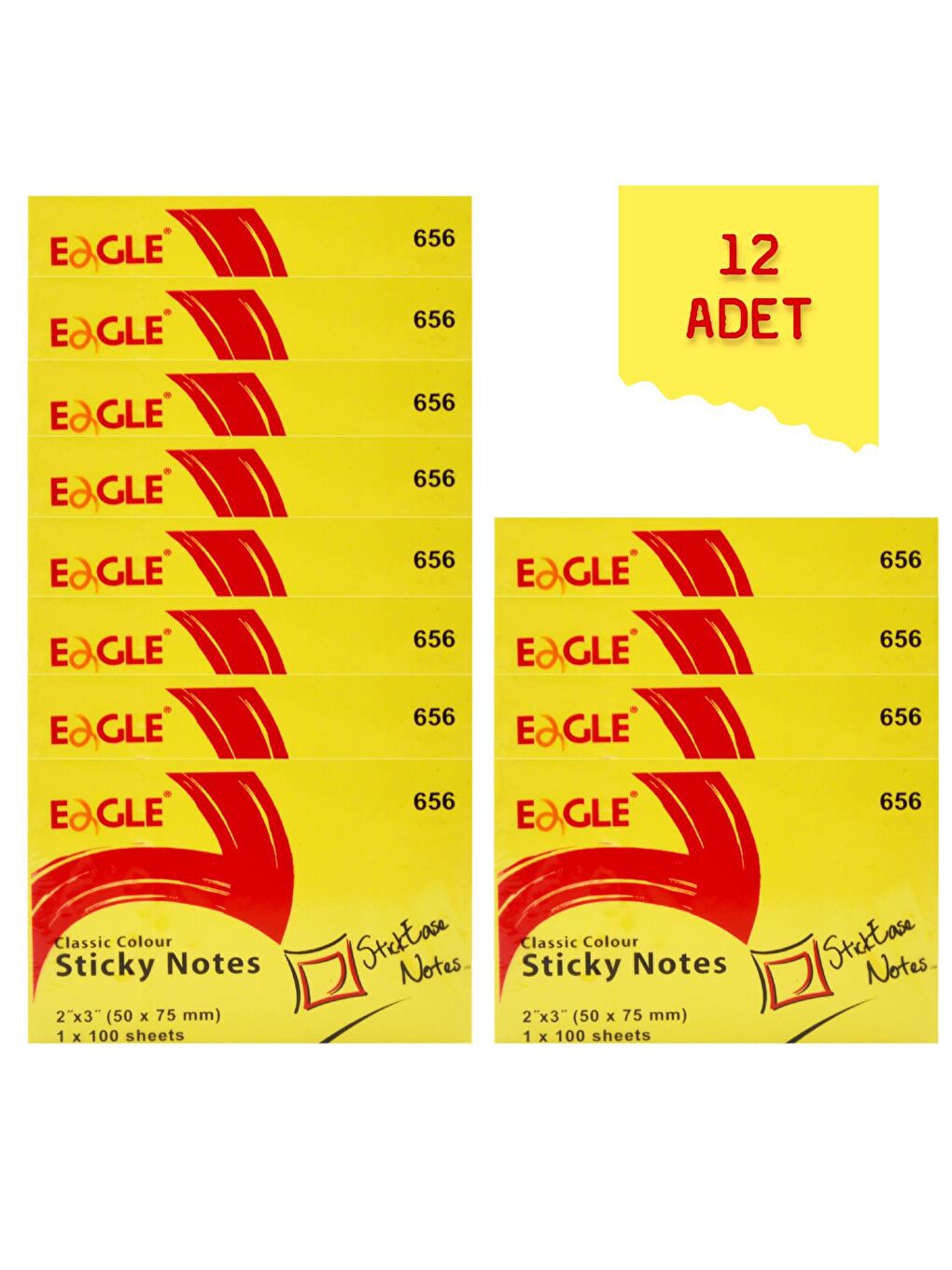 Eagle Sarı 50x75 mm Klasik Renk Yapışkanlı Not Kağıdı 100 Yaprak Sarı (656) 12 Adet