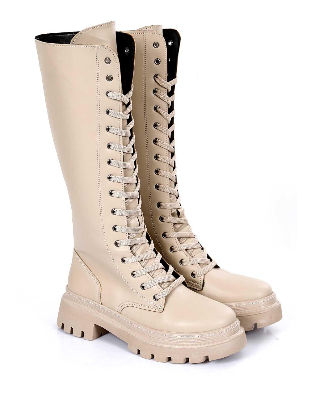 Bej Yuvarlak Burun Topuklu Bağcıklı Fermuarlı Kadın Günlük Postal Çizme 37401-1