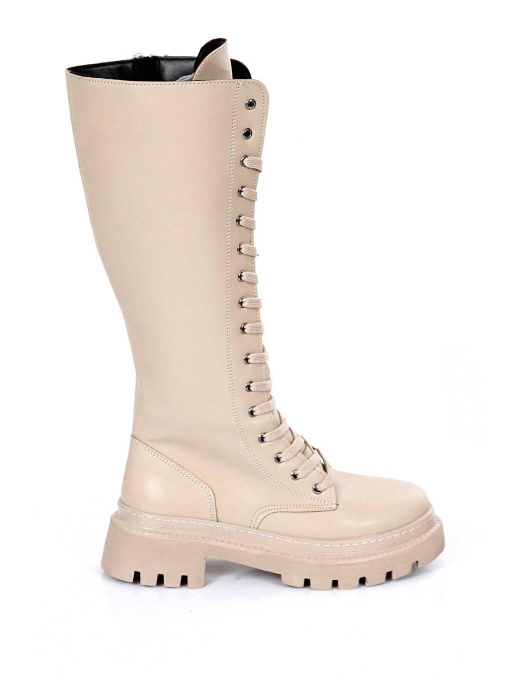 Bej Yuvarlak Burun Topuklu Bağcıklı Fermuarlı Kadın Günlük Postal Çizme 37401-3