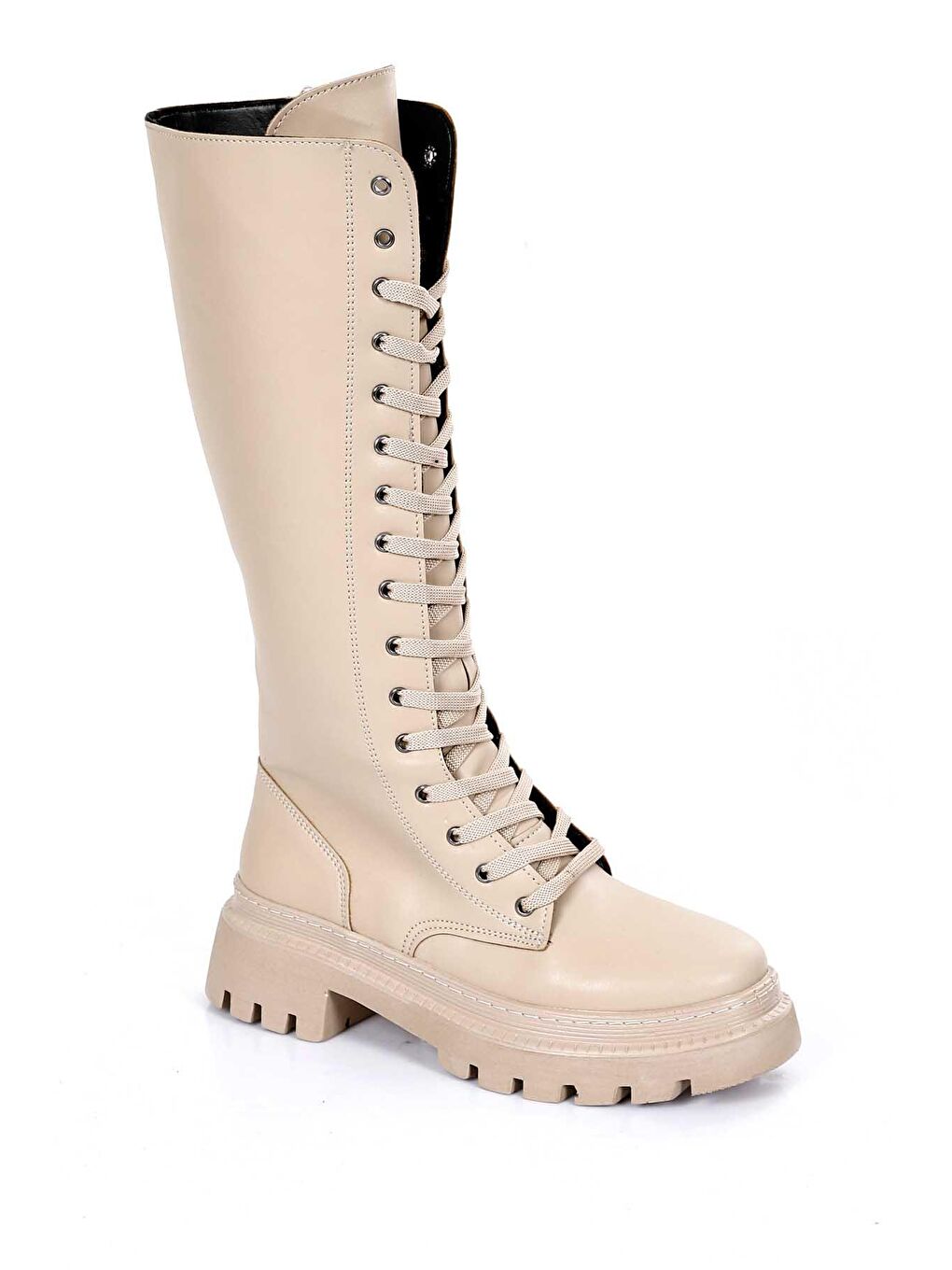 Bej Yuvarlak Burun Topuklu Bağcıklı Fermuarlı Kadın Günlük Postal Çizme 37401-4